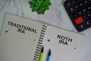 Traditional IRA and Roth IRA write on a book isolated on Wooden Table. photo