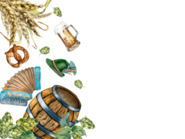 tavola di di legno botte, bicchiere birra, fisarmonica, luppolo vite acquerello illustrazione. pretzel, Grano orecchio mano disegnato. design per birra Festival, telaio, menù, festa di ottobre, st patricks giorno png