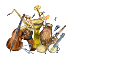 composición de varios percusión musical instrumentos acuarela ilustración. djembé, congo, tambor, contrabajo mano dibujado. diseño elemento para volantes, concierto eventos, folleto, póster, impresión png