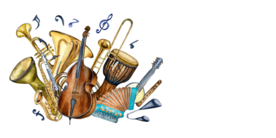 samenstelling van divers musical instrumenten en symbool waterverf illustratie. Hoorn, fluit, accordeon, contrabas hand- getrokken. ontwerp element voor folder, concert evenementen, brochure, poster png