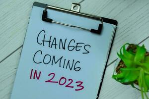 Concept of Changes Coming in 2023 write on paperwork isolated on Wooden Table. photo