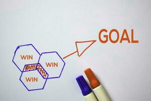 Win and Goal text with keywords isolated on white board background. Chart or mechanism concept. photo