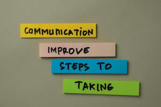 Communication Improve Steps To Taking write on sticky notes isolated on office desk. photo
