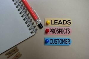 Leads, Prospects, Customer text on sticky notes isolated on office desk photo