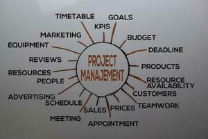 Project Management text with keywords isolated on white board background. Chart or mechanism concept. photo