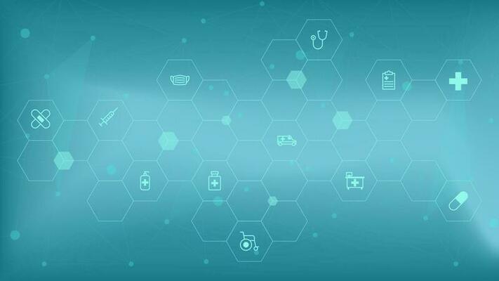Healthcare and medical innovation background with dots lines connection and icons. Vector illustration.