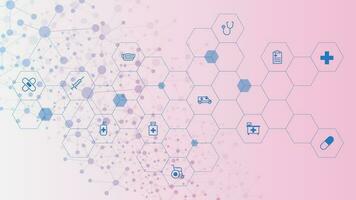 Healthcare and medical innovation background with molecular structure and icons. Vector illustration.