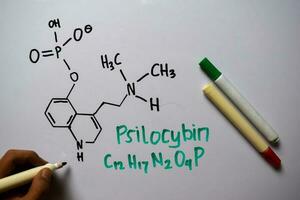 Psilocybin write on the white board. Structural chemical formula. Education concept photo