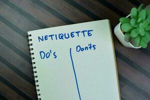 Concept of Netiquette with Do's and Don'ts write on a book isolated on Wooden Table. photo