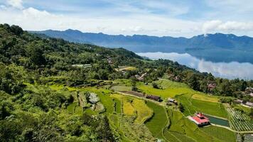 Aerial view of panorama of Maninjau Lake West Sumatra, Danau maninjau. sumatra, Indonesia, January 24, 2023 photo