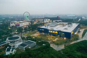 Aerial view of New IKEA Store Jakarta Garden City, AEON is a Largest retailer of ready-to-assemble or flat-pack furniture with noise cloud. Jakarta, January 23, 2023 photo