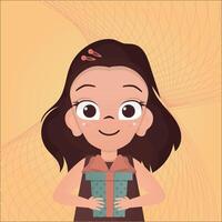 Little girl is holding a gift. A child with a festive box in his hands on a yellow background. illustration. vector