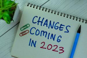 Concept of Changes Coming in 2023 write on a book isolated on Wooden Table. photo
