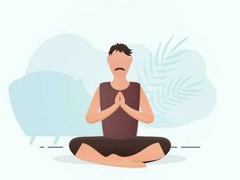 A guy with a strong physique is sitting and doing yoga. Yoga. Cartoon style. vector