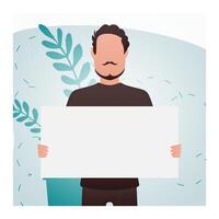 A man holds an empty tablet in his hands. Place for your advertisement. Cartoon style. vector