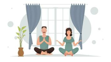 A man and a woman meditate in the lotus position in the room. Yoga. Cartoon style. vector