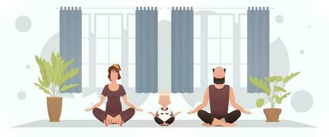 un marido y esposa con un adorable bebé meditar en el loto posición en el habitación. yoga. dibujos animados estilo. vector