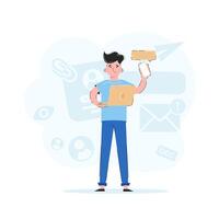 The guy in full growth holds a laptop and a phone. Trend illustration. Good for apps, presentations and websites. Vector. vector