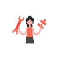 A woman stands waist-deep and holds a wrench in her hands. Isolated. Element for presentations, sites. vector