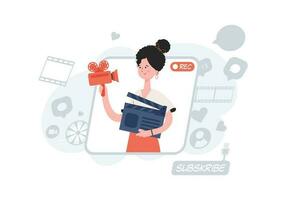 A woman stands waist-deep with a video camera. Blogging. Element for presentations, sites. vector