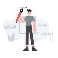 A man stands in full growth with a pen tool. Design. Element for presentations, sites. vector