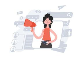 A woman stands waist-deep holding a loudspeaker and binoculars. HR concept. Element for presentations, sites. vector