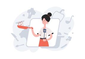 A woman stands waist-deep and holds a frying pan. Cafe. Element for presentations, sites. vector