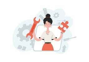 A woman stands waist-deep with a puzzle in her hands. Tech support. Element for presentations, sites. vector