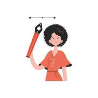 A stylish girl stands waist-deep and holds a pen tool in her hands. Isolated. Element for presentations, sites. vector