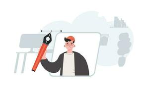 A man stands waist-deep holding a pen tool in his hands. Design. Element for presentations, sites. vector