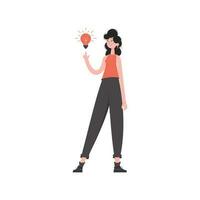 The girl stands in full growth with a light bulb. Isolated. Element for presentations, sites. vector