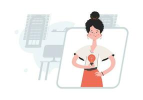 A woman stands waist-deep with a light bulb. Idea. Element for presentations, sites. vector