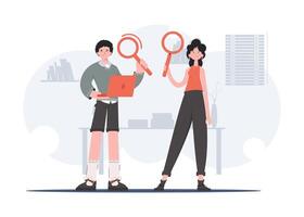 A man and a woman are standing in full growth with a computer and a magnifying glass. Search. Element for presentations, sites. vector