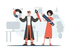 A man and a woman stand to their full height and hold a large pencil. Design. Element for presentations, sites. vector