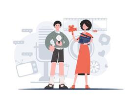 A man and a woman stand to their full height and hold a movie clapperboard and a camera. Idea. Element for presentations, sites. vector