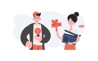 A man and a woman stand waist-deep and hold a movie clapperboard and a camera. Idea. Element for presentations, sites. vector