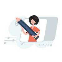 A stylish woman stands waist-deep and holds a large pencil. Design. Element for presentations, sites. vector