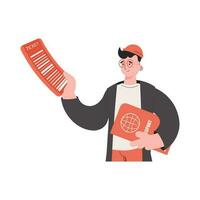 A man stands waist-deep and holds a ticket. Isolated. Element for presentations, sites. vector