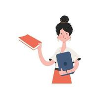 A woman stands waist-deep with a book. Isolated. Element for presentations, sites. vector