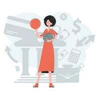 A woman stands in full growth holding a piggy bank. Savings. Element for presentations, sites. vector