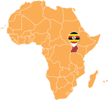 Uganda-Karte in Afrika, Symbole, die den Standort und die Flaggen von Uganda zeigen. png