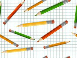 Colored pencils with an eraser, school supplies, stationery, a checkered notebook. The concept of schooling, back to school, first time to school. Seamless pattern vector