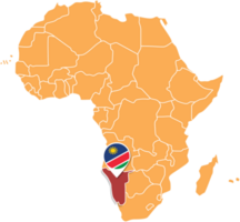 Namibia-Karte in Afrika, Symbole, die den Standort und die Flaggen Namibias zeigen. png