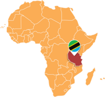 mapa de tanzania en áfrica, iconos que muestran la ubicación y las banderas de tanzania. png