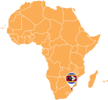 Eswatini-Karte in Afrika, Symbole, die den Standort und die Flaggen von Eswatini zeigen. png