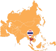 carte de la thaïlande en asie, icônes indiquant l'emplacement et les drapeaux de la thaïlande. png