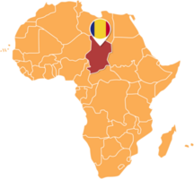 Tschad-Karte in Afrika, Symbole, die den Standort und die Flaggen des Tschad zeigen. png