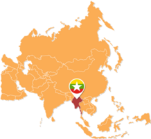 carte du myanmar en asie, icônes indiquant l'emplacement et les drapeaux du myanmar. png