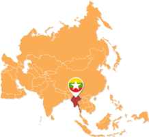 carte du myanmar en asie, icônes indiquant l'emplacement et les drapeaux du myanmar. png