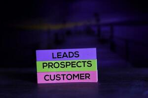 Leads, Prospects, Customer text on sticky notes isolated on office desk photo